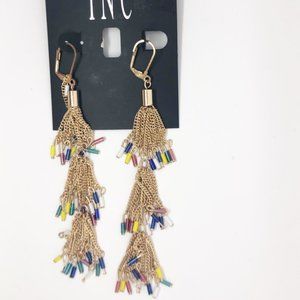 INC Colorful Beaded Gold Shaky Fringe Earrings Dangles New